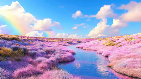 A stunning landscape featuring a gentle river flowing through a vibrant pink meadow. Bright clouds and a rainbow create a tranquil and picturesque scene.の素材