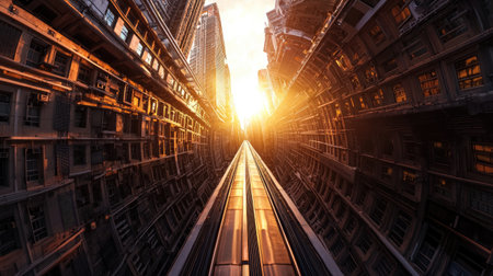 Breathtaking view of a sunrise illuminating a narrow urban canyon. Skyscrapers rise dramatically while light plays on the metallic structures, creating depth.の素材