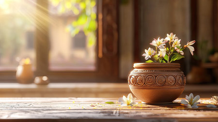 A cozy indoor scene featuring a pottery vase filled with fresh flowers, bathed in warm sunlight. This serene atmosphere enhances the beauty of natural decor.の素材
