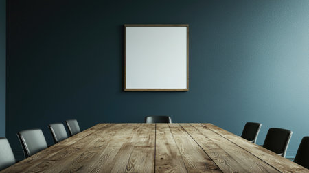 Spacious meeting room featuring a large wooden table and sleek chairs. The empty wall offers a perfect canvas for artwork or branding, enhancing creativity.の素材
