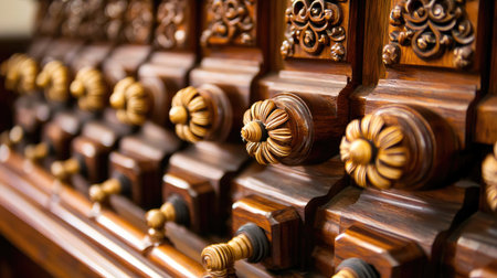 Explore the beauty of this intricately carved wooden cabinet, showcasing detailed craftsmanship and elegant design. Perfect for vintage interior decor.の素材