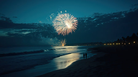 A stunning scene of fireworks bursting brightly above a tranquil beach, creating a romantic atmosphere for couples enjoying the peaceful evening.の素材