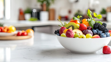 A vibrant bowl filled with fresh fruits sits on a marble kitchen counter. The colorful assortment highlights a healthy lifestyle and culinary creativity, perfect for healthy eating.の素材