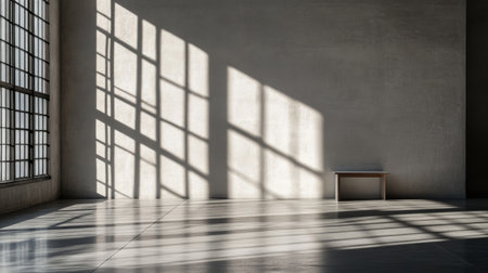 A bright minimalist room featuring a simple wooden bench. Shadows play on the floor and walls, creating a calm, inviting atmosphere filled with natural light.の素材