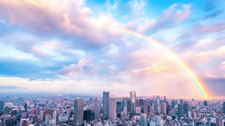 A breathtaking view of a vibrant city skyline featuring a stunning rainbow arching over the urban landscape at dusk. Perfect for illustrating hope and beauty.の素材