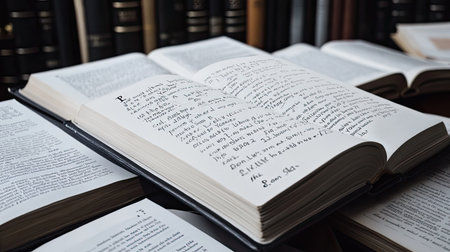 An open book with handwritten notes lays on a table among various texts, showcasing the beauty of learning through personal reflections and study materials.の素材