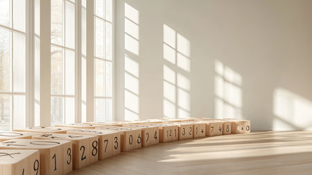 A tranquil interior space featuring large windows casting shadows on wooden blocks with numbers. The minimalist design emphasizes calm and creativity.の素材