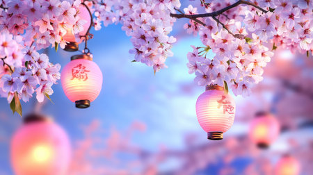 Delicate cherry blossoms frame glowing lanterns against a serene spring evening sky, creating a picturesque scene filled with beauty and tranquility.の素材