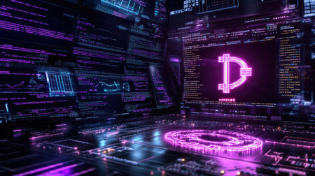 Explore a vibrant digital interface filled with neon graphics representing blockchain technology. Perfect for themes related to innovation and cryptocurrency.の素材