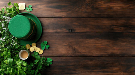 A vibrant green hat surrounded by clover leaves and gold coins on a rustic wooden table. Perfect for St. Patrick's Day celebrations and festivities.の素材