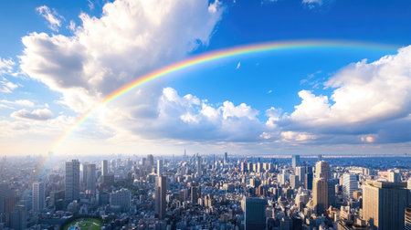A breathtaking view of a vibrant rainbow arcing over a sprawling cityscape, showcasing bright blue skies and puffy clouds, creating a serene yet lively atmosphere.の素材
