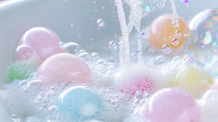 Delight in the vibrant scene of soft pastel soap bubbles surrounded by foamy water. This image evokes relaxation and the joy of bath time with its playful colors and textures.の素材