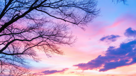 A stunning sunset scene featuring a tree silhouette against a vibrant sky filled with pink, purple, and blue hues, evoking a sense of calm and tranquility.の素材