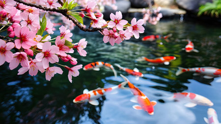 A stunning view featuring a cherry blossom branch with pink flowers over a koi fish pond, where colorful fish swim gracefully in clear water.の素材