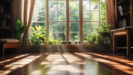 A cozy indoor space filled with sunlight filtering through large windows, illuminating houseplants and wooden floors, creating a peaceful atmosphere.の素材