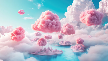 This stunning image features fluffy pink clouds floating serenely above a tranquil blue water surface, creating a dreamy and whimsical landscape.の素材