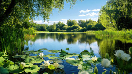 This stunning landscape features a tranquil lake adorned with beautiful water lilies, surrounded by lush greenery under a clear blue sky. Ideal for nature enthusiasts.の素材