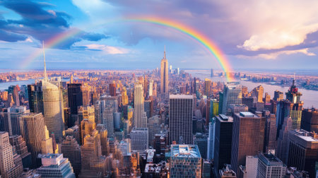 Stunning aerial view of the New York City skyline featuring a vibrant rainbow. The scene captures the city's majestic architecture under a colorful sunset sky.の素材