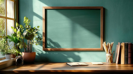 Bright and cozy workspace featuring a green wall, a wooden desk, and various plants, perfect for creativity and relaxation. Ideal for home office settings.の素材
