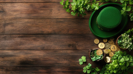 A beautiful flat lay featuring a green hat and shiny coins on a rustic wooden table surrounded by vibrant shamrock plants, symbolizing luck and celebration.の素材