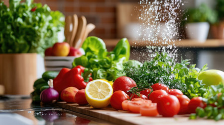 A vibrant display of fresh vegetables and herbs on a kitchen counter, perfect for cooking and healthy meals. The bright colors invite culinary creativity.の素材