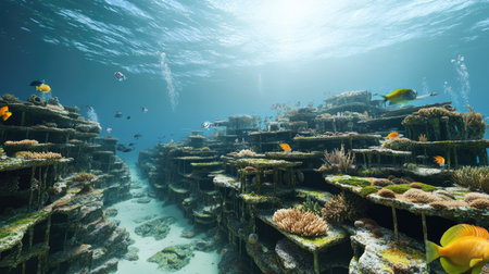 Explore the breathtaking underwater world showcasing a vibrant coral reef teeming with a variety of colorful fish, set against serene ocean waters.の素材