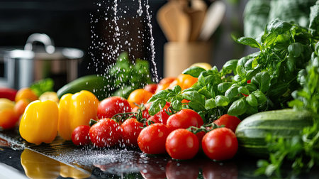 A vibrant collection of fresh vegetables and herbs sprinkled with water droplets, showcasing healthy ingredients in a bright kitchen setting, perfect for culinary inspiration.の素材