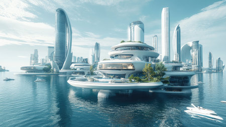 This image depicts a stunning futuristic cityscape with sleek modern architecture reflecting beautifully on tranquil waters, creating an atmosphere of innovation and serenity.の素材