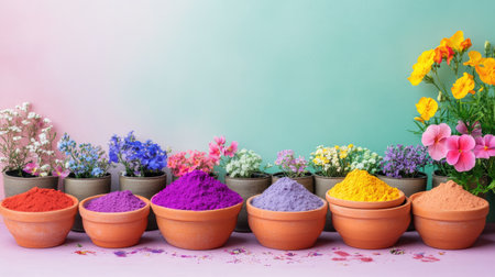 A stunning arrangement of colorful powders in bowls with fresh flowers, showcasing vibrant hues against a soft background, perfect for artistic inspiration.の素材