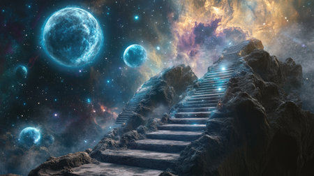 Explore a surreal cosmic landscape featuring a mystical stairway ascending through vibrant galaxies and planets, evoking wonder and imaginative journeys.の素材