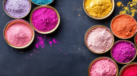 A vibrant collection of colorful powders in bowls, beautifully arranged on a dark surface. Perfect for artistic projects or promotional materials reflecting creativity and celebration.の素材