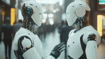 Two humanoid robots are engaged in a meaningful conversation in a modern, high-tech environment, showcasing the future of artificial intelligence and human interaction.の素材
