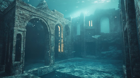 Discover the enchanting beauty of lost underwater ruins, where ancient architecture meets serene ocean life, creating a mysterious and tranquil underwater landscape.の素材
