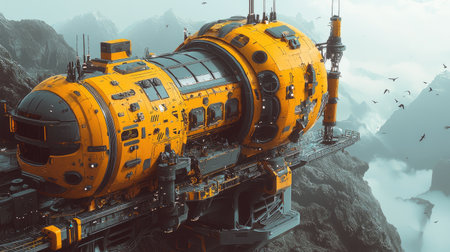 An imaginative futuristic capsule rests on a rocky mountain, surrounded by mist and clouds. The vibrant yellow-orange exterior contrasts with the serene landscape, embodying innovation and exploration.の素材