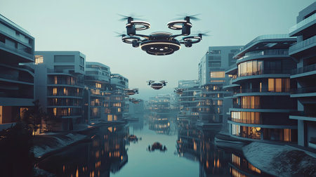 A stunning scene of drones soaring over modern urban architecture at dusk, reflecting on calm water, showcasing the blend of technology and innovation in city life.の素材