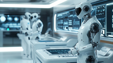 This image showcases futuristic robots in a high-tech control room filled with digital screens and interfaces. The setting emphasizes advanced technology and innovation.の素材