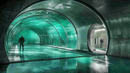 This striking image features a futuristic underwater tunnel illuminated by green light. The sleek concrete architecture and reflections create a serene atmosphere.の素材
