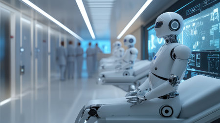 A modern laboratory scene featuring humanoid robots sitting alongside human scientists, showcasing advanced technology and innovation in a sterile environment.の素材