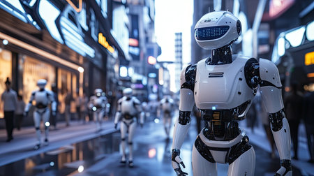 A vibrant scene of humanoid robots walking through a neon-lit cityscape at night, showcasing futuristic technology and a dynamic urban environment filled with innovation.の素材