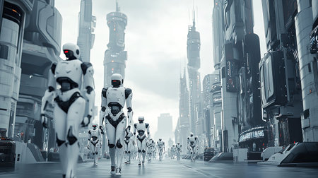A striking scene of humanoid robots marching through a futuristic city, showcasing advanced technology and urban design in a visually captivating environment.の素材
