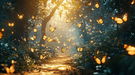 A mesmerizing forest pathway illuminated by glowing butterflies, creating a serene atmosphere. This enchanting scene captures the magic of nature at twilight.の素材