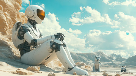 A humanoid robot sits calmly in a deserted landscape, accompanied by two dogs. The scene blends futuristic technology with the beauty of nature, creating a serene atmosphere.の素材