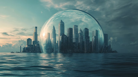 A vibrant futuristic cityscape emerges under a transparent dome, surrounded by serene ocean waters. This image captures a blend of modern architecture and a surreal environment, inviting viewers to ponder technology and nature.の素材