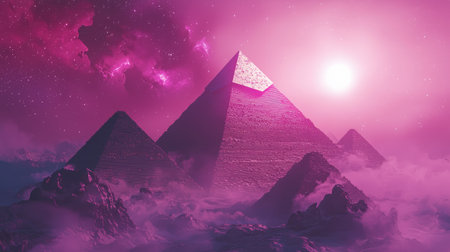 A captivating scene featuring pyramids under a cosmic sky with vibrant pink tones, surrounded by clouds. This surreal landscape evokes mystery and wonder.の素材