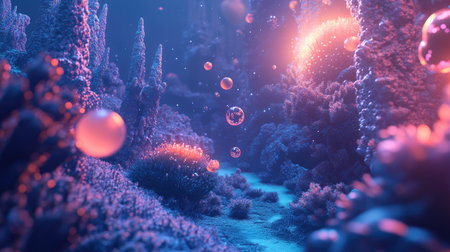 A mesmerizing underwater scene featuring colorful bubbles drifting through a vibrant coral reef. This enchanting environment evokes feelings of tranquility and exploration.の素材