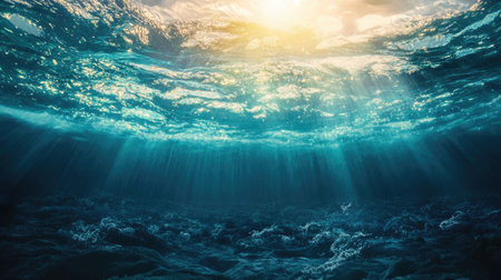 Stunning underwater view showcasing light rays breaking through ocean waves. The interplay of sunlight and water creates a mesmerizing atmosphere in nature.の素材