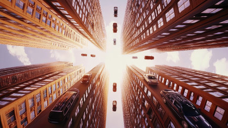 A mesmerizing visual of cars seemingly descending between towering skyscrapers at sunset, showcasing a surreal perspective of urban architecture and light.の素材