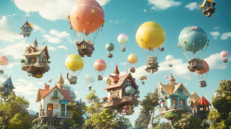 Discover a whimsical landscape featuring vibrant houses floating in colorful hot air balloons. A dreamlike scene invites imagination and adventure.の素材