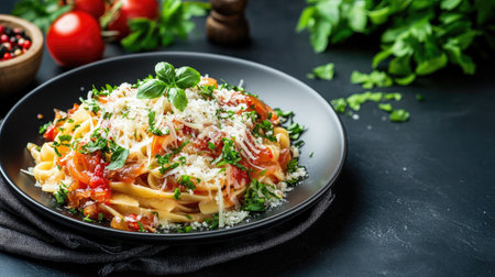 A beautifully plated fettuccine pasta topped with fresh herbs, tomato sauce, and cheese. Ideal for showcasing gourmet Italian cuisine in a modern setting.の素材