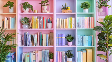 A vibrant shelving unit filled with colorful books and lush green plants, creating a cheerful and inviting atmosphere perfect for reading and relaxation.の素材